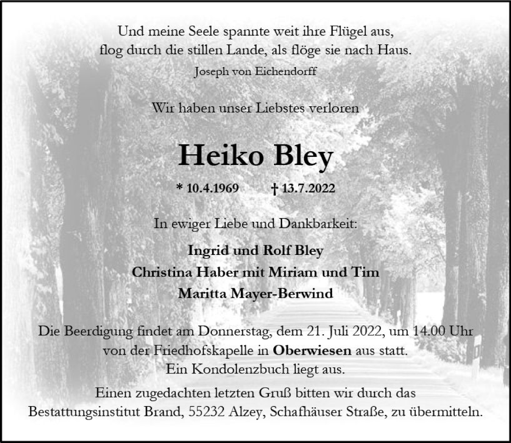  Traueranzeige für Heiko Bleyi vom 16.07.2022 aus vrm-trauer Allgemeine Zeitung Alzey