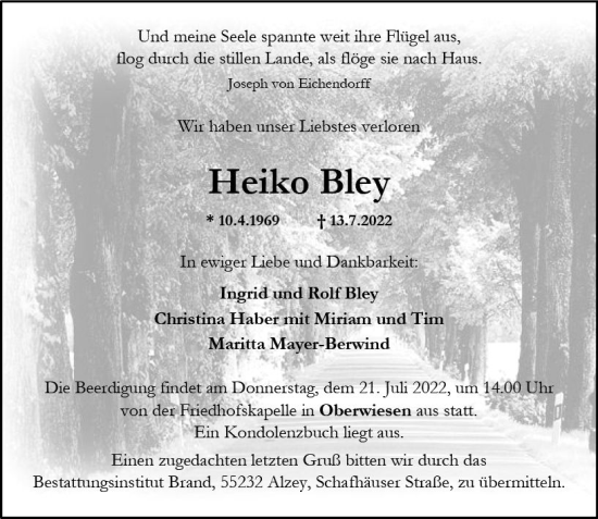 Traueranzeige von Heiko Bleyi von vrm-trauer Allgemeine Zeitung Alzey