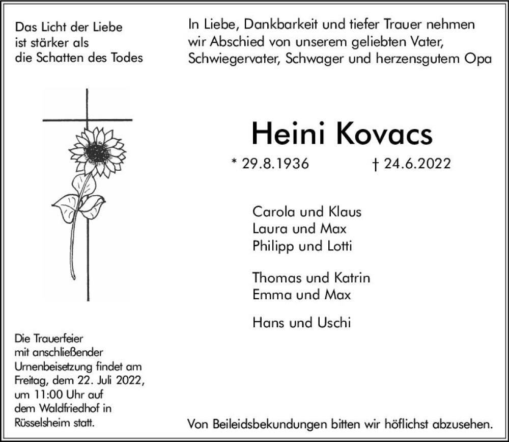  Traueranzeige für Heini Kovacs vom 02.07.2022 aus vrm-trauer Rüsselsheimer Echo / MainSpitze