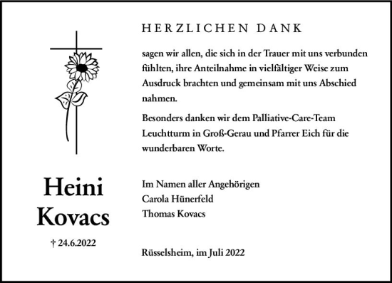 Traueranzeige von Heini Kovacs von vrm-trauer Rüsselsheimer Echo / MainSpitze