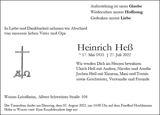 Traueranzeige von Heinrich Heß von vrm-trauer Wormser Zeitung
