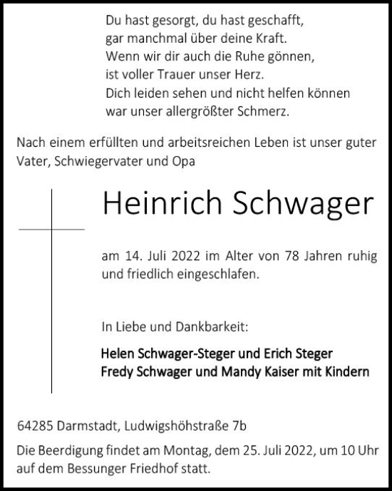 Traueranzeige von Heinrich Schwager von vrm-trauer Darmstädter Echo