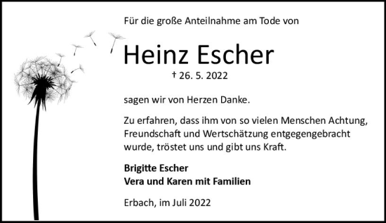 Traueranzeige von Heinz Escher von vrm-trauer Odenwälder Echo