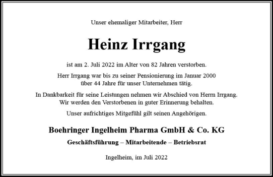Traueranzeige von Heinz Irrgang von vrm-trauer Allgemeine  Zeitung Ingelheim-Bingen