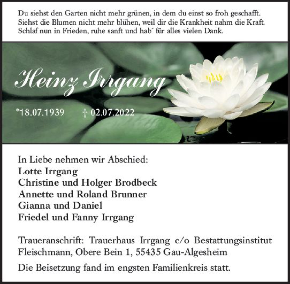  Traueranzeige für Heinz Irrgang vom 16.07.2022 aus vrm-trauer Allgemeine  Zeitung Ingelheim-Bingen