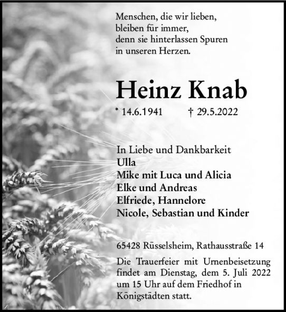  Traueranzeige für Heinz Knab vom 02.07.2022 aus vrm-trauer Rüsselsheimer Echo / MainSpitze