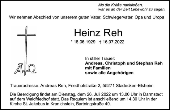 Traueranzeige von Heinz Reh von vrm-trauer Darmstädter Echo