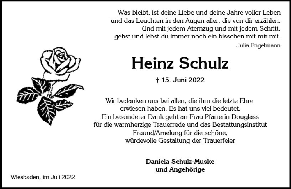  Traueranzeige für Heinz Schulz vom 30.07.2022 aus vrm-trauer Wiesbadener Kurier
