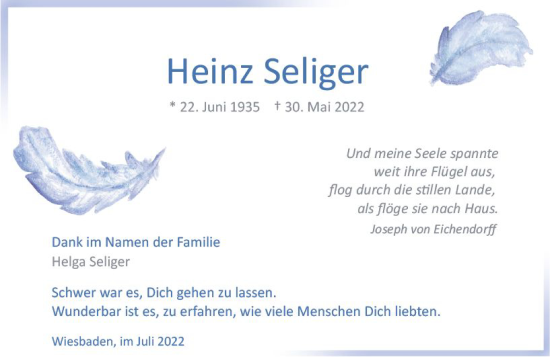 Traueranzeige von Heinz Seliger von vrm-trauer Wiesbadener Kurier