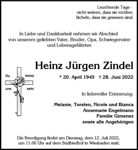 Traueranzeige von Heinz Jürgen Zindel von vrm-trauer Wiesbadener Kurier