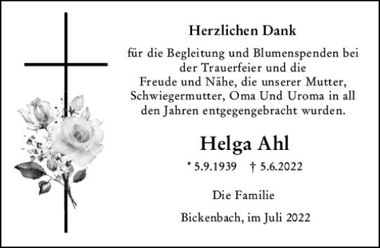 Traueranzeige von Helga Ahl von vrm-trauer Darmstädter Echo