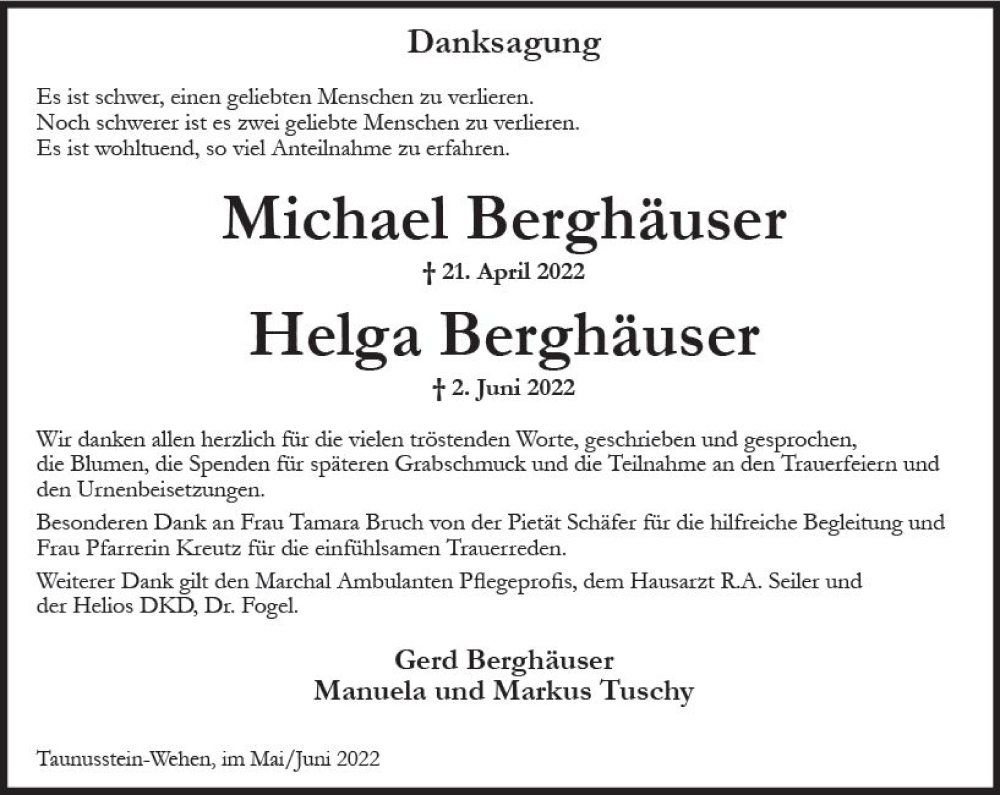  Traueranzeige für Helga Berghäuser vom 16.07.2022 aus vrm-trauer Wiesbadener Kurier
