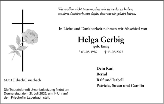 Traueranzeige von Helga Gerbig von vrm-trauer Odenwälder Echo