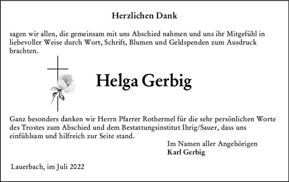  Traueranzeige für Helga Gerbig vom 30.07.2022 aus vrm-trauer Odenwälder Echo