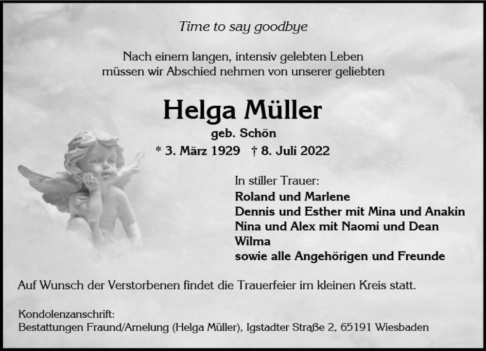  Traueranzeige für Helga Müller vom 16.07.2022 aus vrm-trauer Wiesbadener Kurier