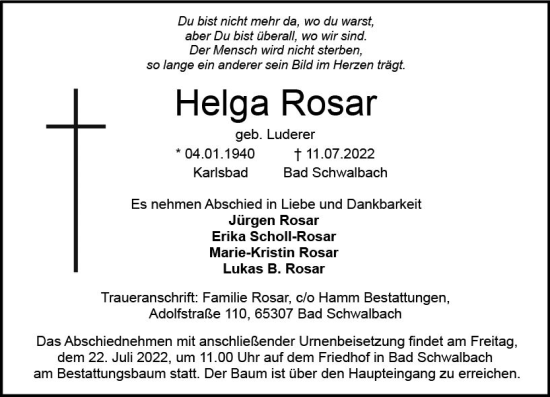Traueranzeige von Helga Rosar von vrm-trauer Wiesbadener Kurier