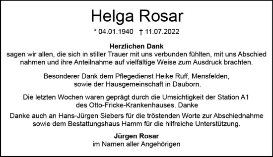 Traueranzeige von Helga Rosar von vrm-trauer Wiesbadener Kurier