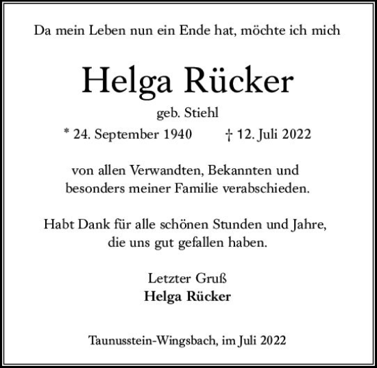 Traueranzeige von Helga Rücker von vrm-trauer Wiesbadener Kurier