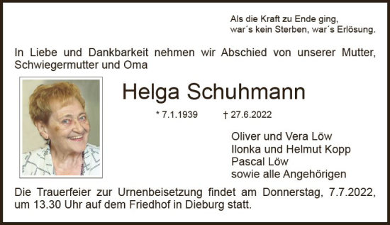 Traueranzeige von Helga Schuhmann von vrm-trauer DieburgerAnzeiger/Groß-Zimmerner Lokala