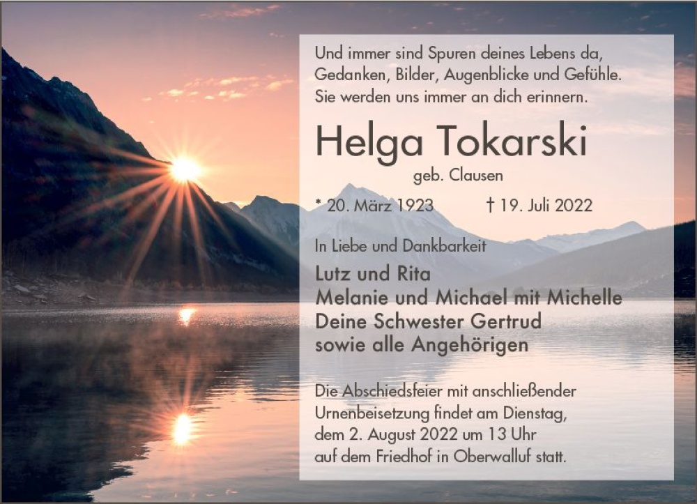  Traueranzeige für Helga Tokarski vom 30.07.2022 aus vrm-trauer Wiesbadener Kurier