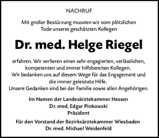 Traueranzeige von Helge Riegel von vrm-trauer Wiesbadener Kurier