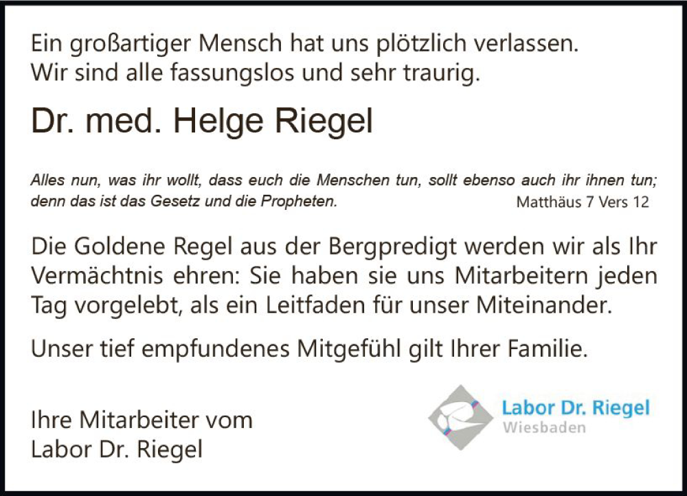  Traueranzeige für Helge Riegel vom 19.07.2022 aus vrm-trauer Wiesbadener Kurier