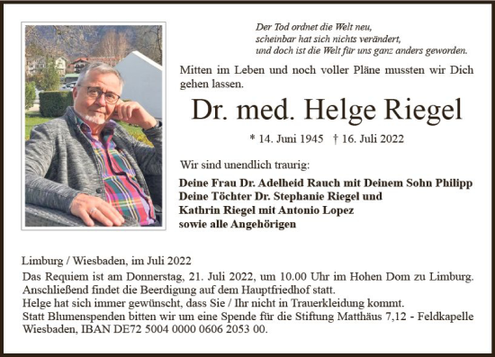Traueranzeige von Helge Riegel von vrm-trauer Wiesbadener Kurier