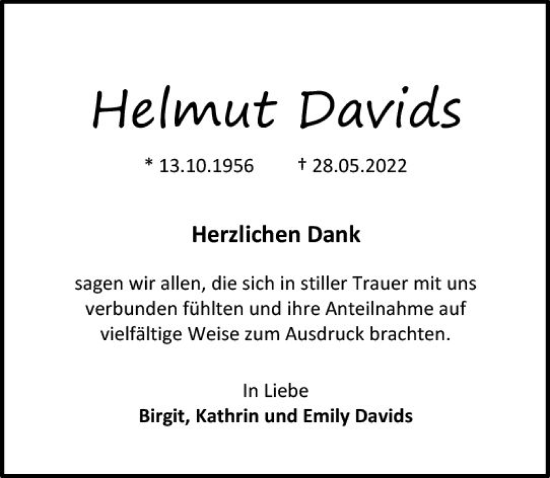 Traueranzeige von Helmut Davids von vrm-trauer Allgemeine  Zeitung Ingelheim-Bingen