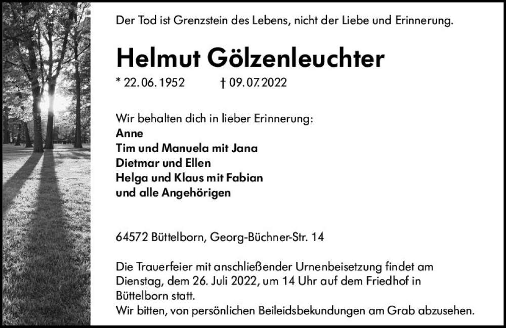  Traueranzeige für Helmut Gölzenleuchter vom 16.07.2022 aus vrm-trauer Groß-Gerauer Echo