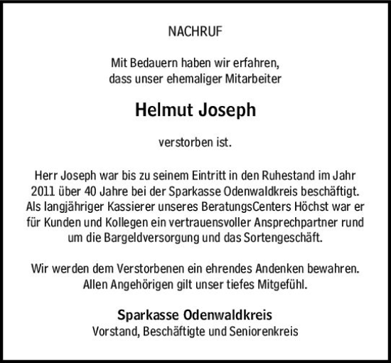 Traueranzeige von Helmut Joseph von vrm-trauer Odenwälder Echo