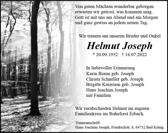 Traueranzeige von Helmut Joseph von vrm-trauer Odenwälder Echo