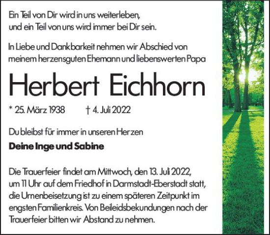Traueranzeige von Herbert Eichhorn von vrm-trauer Darmstädter Echo