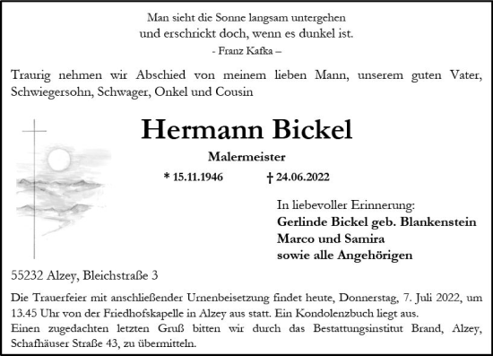 Traueranzeige von Hermann Bickel von vrm-trauer Allgemeine Zeitung Alzey