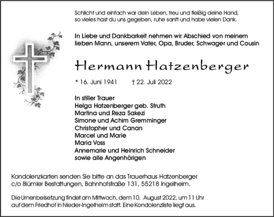 Traueranzeige von Hermann Hatzenberger von vrm-trauer Allgemeine  Zeitung Ingelheim-Bingen