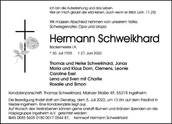 Traueranzeige von Hermann Schweikhard von vrm-trauer Allgemeine  Zeitung Ingelheim-Bingen