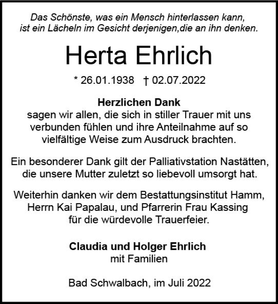  Traueranzeige für Herta Ehrlich vom 30.07.2022 aus vrm-trauer Wiesbadener Kurier