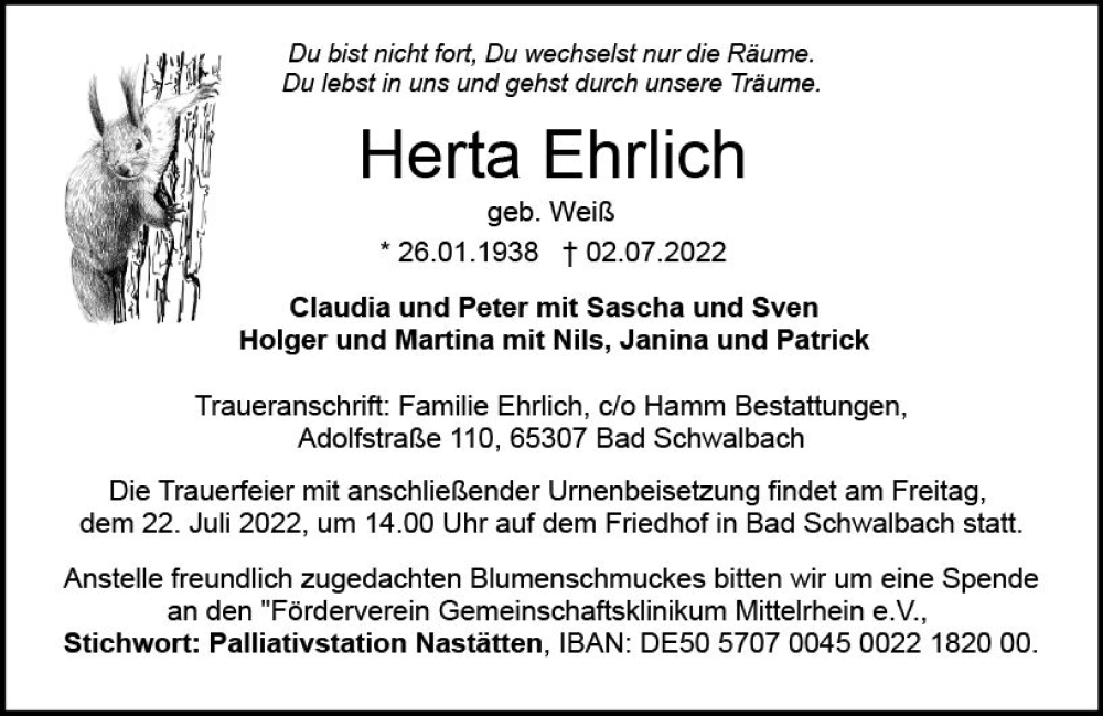  Traueranzeige für Herta Ehrlich vom 16.07.2022 aus vrm-trauer Wiesbadener Kurier