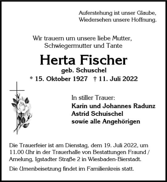 Traueranzeige von Herta Fischer von vrm-trauer Wiesbadener Kurier