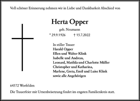 Traueranzeige von Herta Opper von vrm-trauer Groß-Gerauer Echo