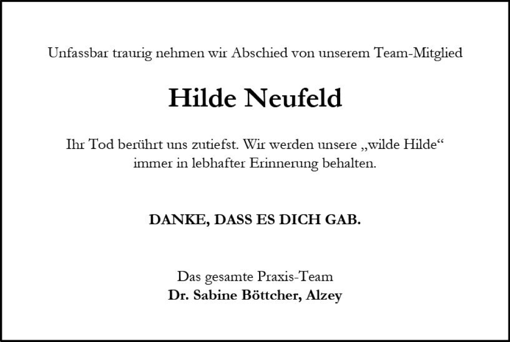  Traueranzeige für Hilde Neufeld vom 02.07.2022 aus vrm-trauer Allgemeine Zeitung Alzey