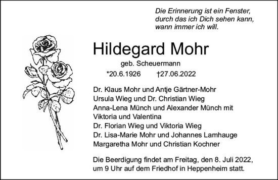 Traueranzeige von Hildegard Mohr von vrm-trauer Bürstädter/Lamperth. Ztg/Starkenburger