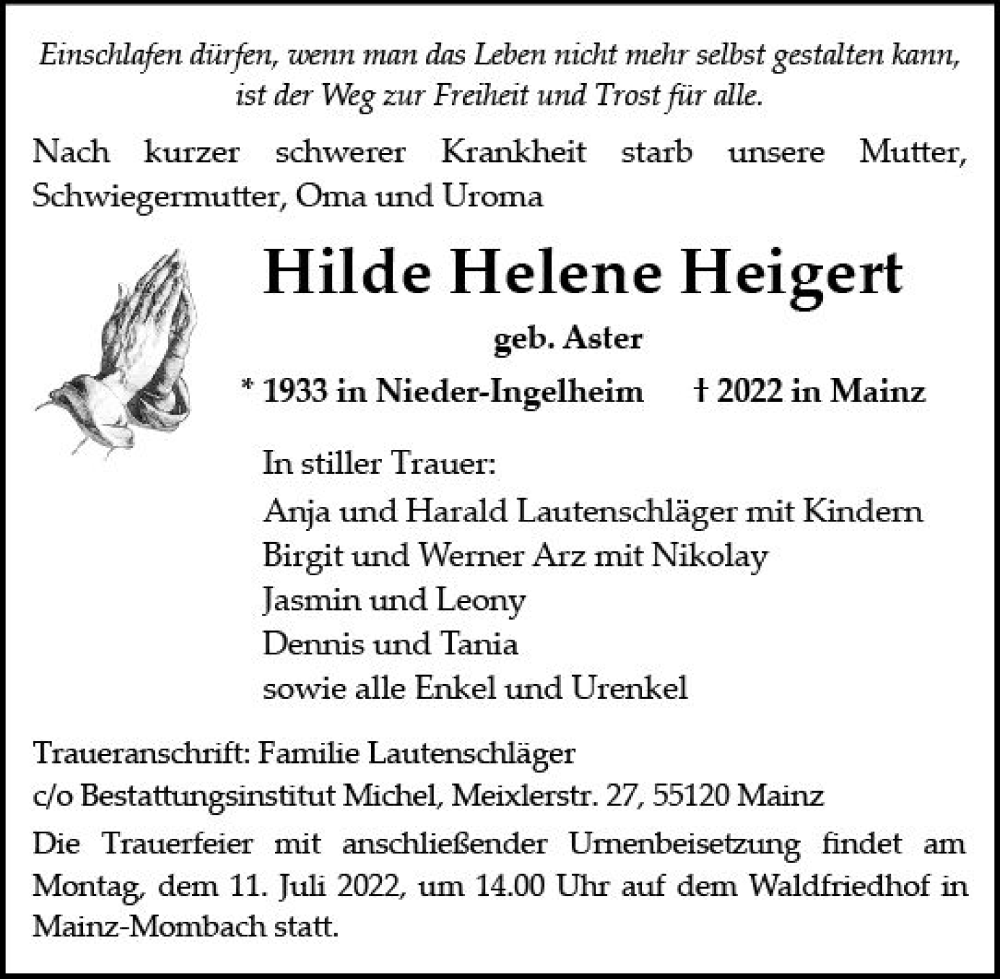  Traueranzeige für Hilde Helene Heigert vom 09.07.2022 aus vrm-trauer AZ Mainz