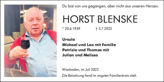 Traueranzeige von Horst Blenske von vrm-trauer Wiesbadener Kurier