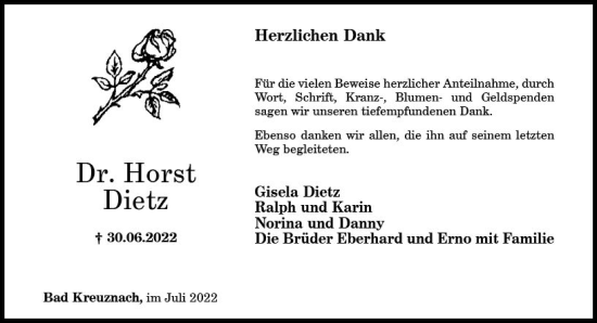 Traueranzeige von Horst Dietz von vrm-trauer Allg. Zeitung Bad Kreuznach