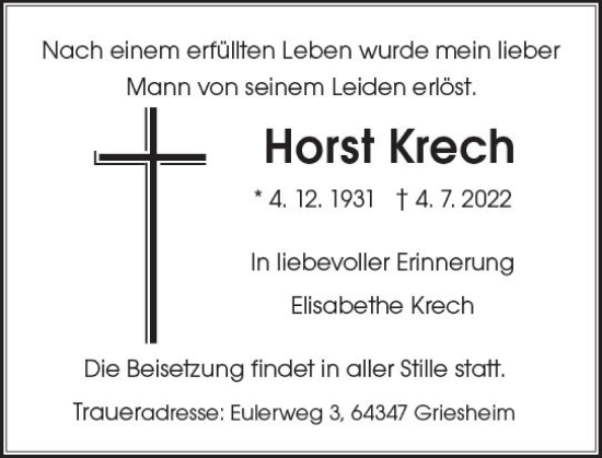 Traueranzeige von Horst Krech von vrm-trauer Darmstädter Echo