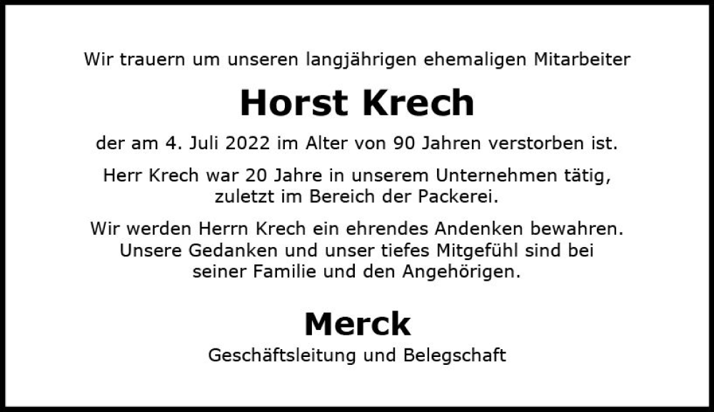  Traueranzeige für Horst Krech vom 12.07.2022 aus vrm-trauer Darmstädter Echo