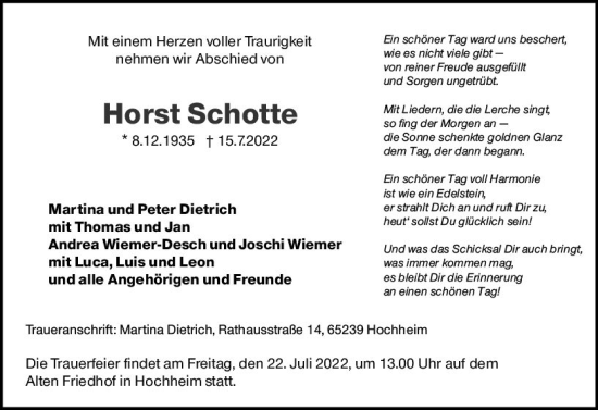 Traueranzeige von Horst Schotte von vrm-trauer Hochheimer Zeitung
