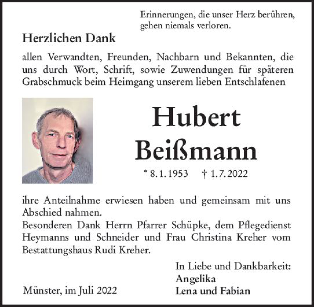  Traueranzeige für Hubert Beißmann vom 21.07.2022 aus vrm-trauer DieburgerAnzeiger/Groß-Zimmerner Lokala