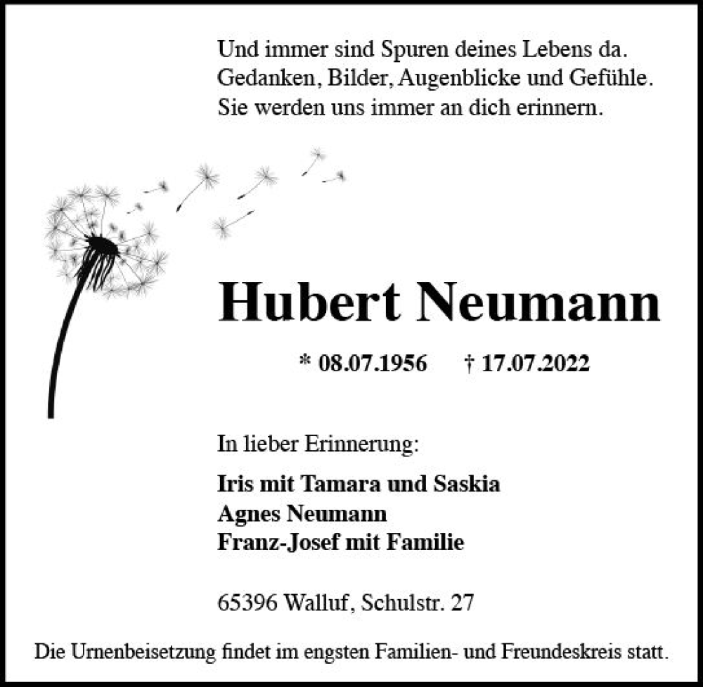  Traueranzeige für Hubert Neumann vom 23.07.2022 aus vrm-trauer Wiesbadener Kurier