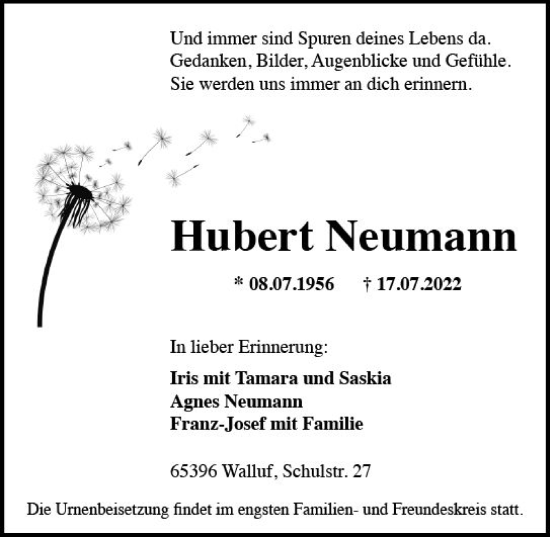 Traueranzeige von Hubert Neumann von vrm-trauer Wiesbadener Kurier